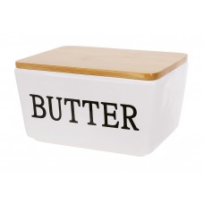 Маслянка керамічна BUTTER з бамбуковою кришкою 13.8*10.2*7.8 см, колір-глянсовий білий