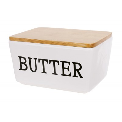Маслянка керамічна BUTTER з бамбуковою кришкою 13.8*10.2*7.8 см, колір-глянсовий білий