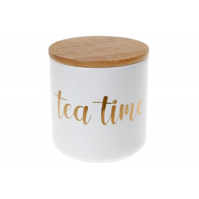 Банка керамічна 550мл з бамбуковою кришкою Tea Time, Колір-білий з золотом