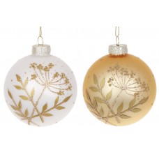 Елочный шар 8см с цветочным орнаментом, цвет - белый и золотистый, микс 2 дизайна в дисплей-коробке
