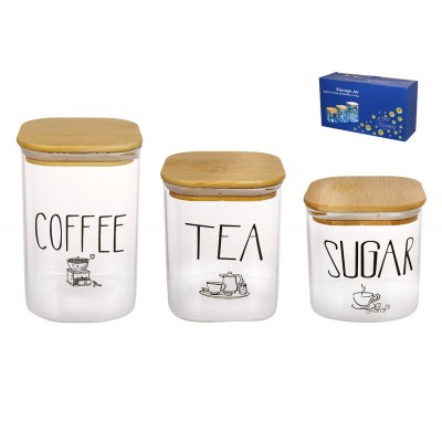 Набір (3шт) скляних банок Tea Sugar Coffee 700/900/1200 мл