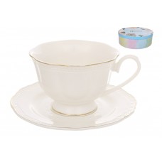 Чайний фарфоровий набір Pure White: 6 чашок 240мл, 6 блюдець, колір - білий із золотим обідком