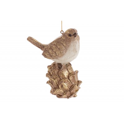 Декоративна підвісна фігурка Пташка на шишці, 10,5см, колір коричневий із золотом K07-408