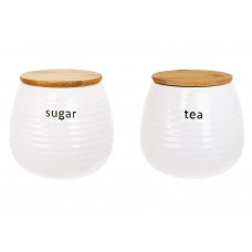 Набір (2шт) керамічних банок 750мл з бамбуковими кришками Sugar, Tea, колір - глянцевий білий